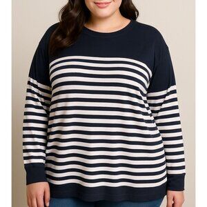 Pixie Lady Womens Plus 2X Crewneck Sweater Top Long Sleeve Navy White Striped